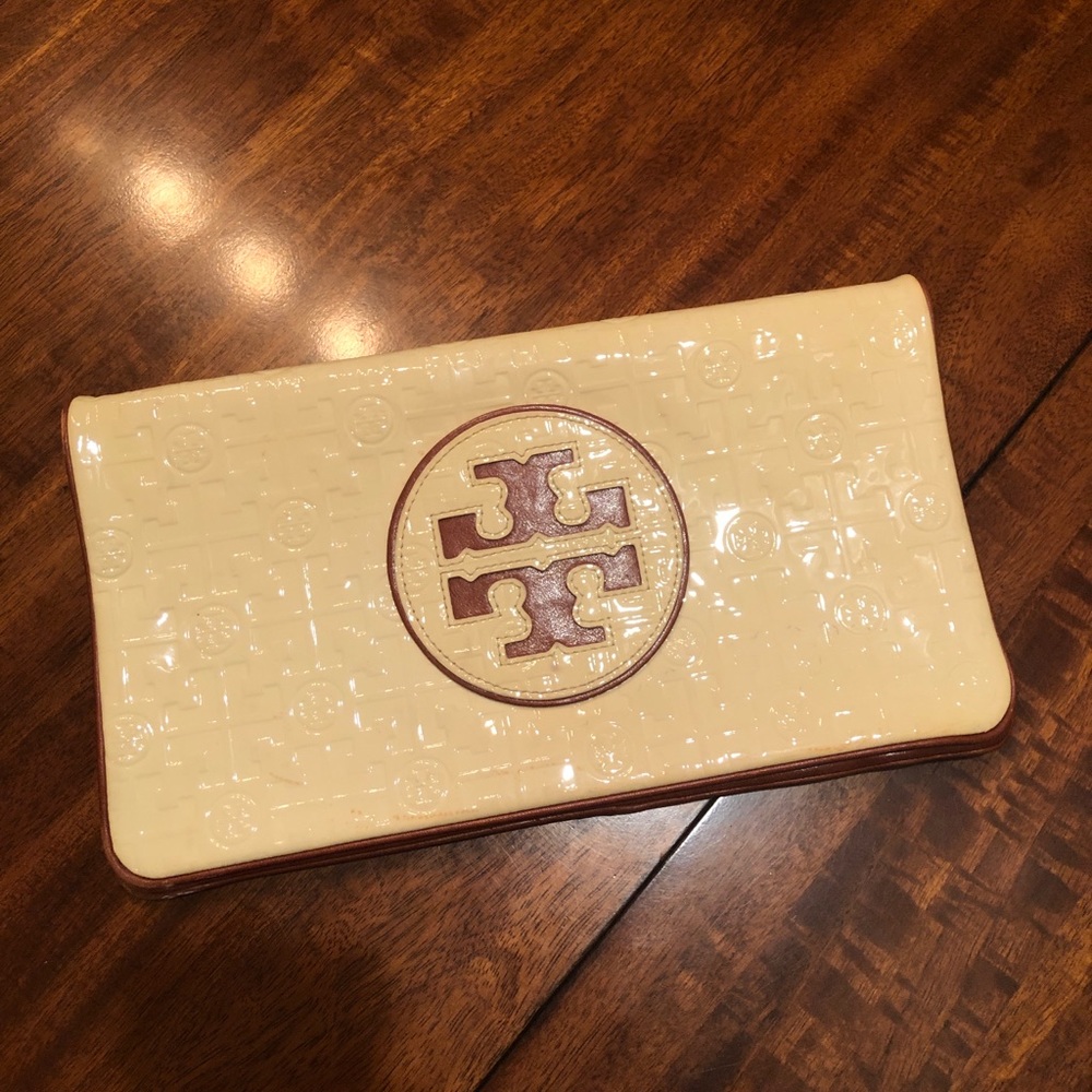 Tory Burch brown leather and cream clutch
